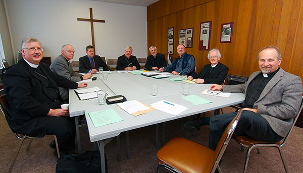 Participants of February’s meeting between LCC and the CCCB (left to right): Rev. Nolan Astley, Rev. Timothy Scott, Dr. Michael Attridge, Bishop Gerard Bergie, Rev. Dr. Thomas Winger, Mr. Jonas Abromaitis, Rev. Dr. John Stephenson, Rev. Warren Hamp